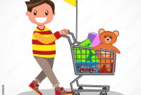 Vecteur Stock Happy boy with shopping. Young buyer with his shopping ...