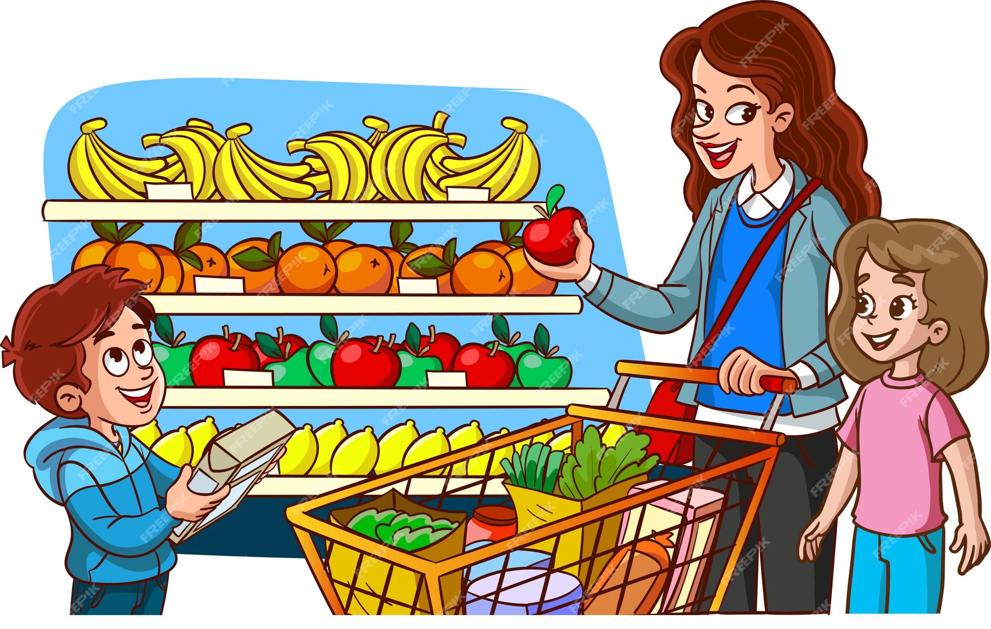Premium Vector | Mother and children shopping for groceries cartoon vector Premium Vector | Mother and children shopping for groceries cartoon vector
